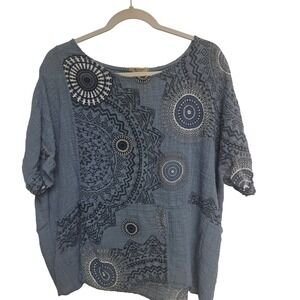 Beyond Capri Made in Italy Blue Mandala‎ Print Cotton Gauze Top One Size